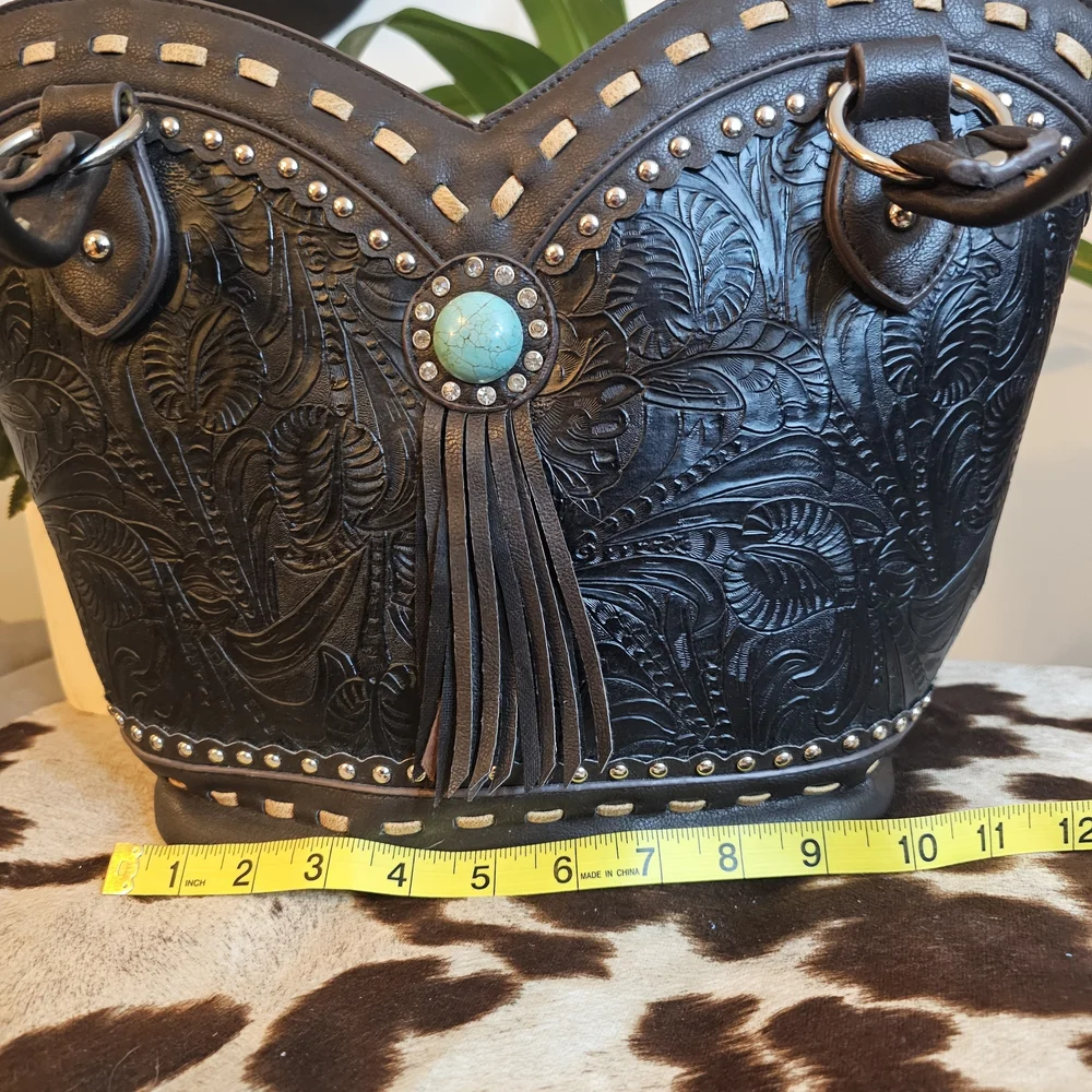 Justin West Embossed Turquoise Fringe Handbag - Picture 4 of 7